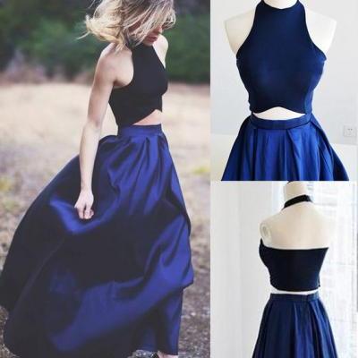 Two-piece Navy Blue Prom Dresses,Halter Prom Dresses,Prom Dresses
