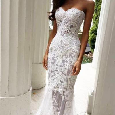 Charming Sheath Sweetheart Wedding Dresses with Appliques, Lace Wedding Dresses,Strapless Wedding Dresses,Long Wedding Dresses