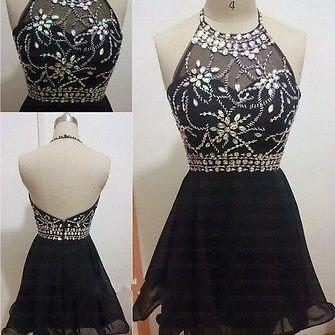 charming homecoming dress, beading homecoming dress, halter prom dress, black prom dress, party dress for girls