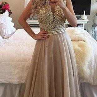 Sheer Illusion A-Line Prom Dresses, Prom Dresses Long, Open Back Prom Dresses for Teens, Evening Dresses Long, Champagne Lace Prom Dresses