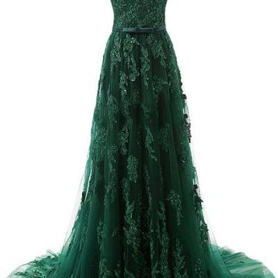 Forest Green Lace Appliqués Tulle Floor Length Prom Dress Featuring One Shoulder Bodice with Bow Accent Belt 