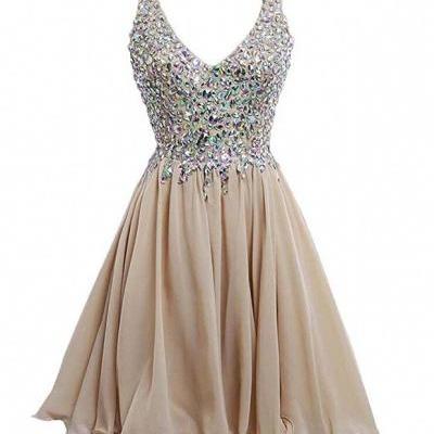 Women's Chiffon Beaded Prom Gowns Short Diamond Homecoming Dresses V-Neck Cocktail Party Dress A-line Prom Dresses