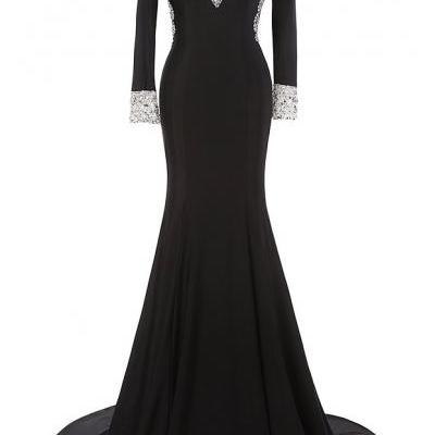Black Sexy Long Prom Dresses,New Long Sleeves Evening Dresses,2017 Mermaid Prom Dresses