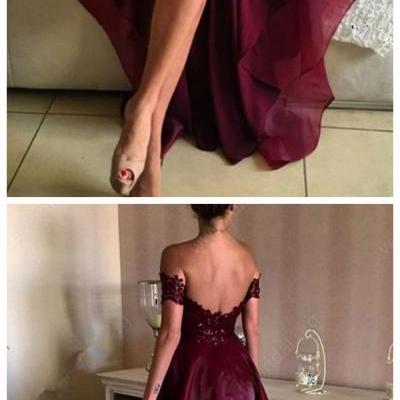 A-line Off-the-shoulder Organza Asymmetrical Appliques Lace Backless High Low Sexy Prom Dresses 