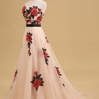 Rose Embroidered Floor Length Chiffon A-Line Prom Dress Featuring Sweetheart Bodice and Chapel Train
