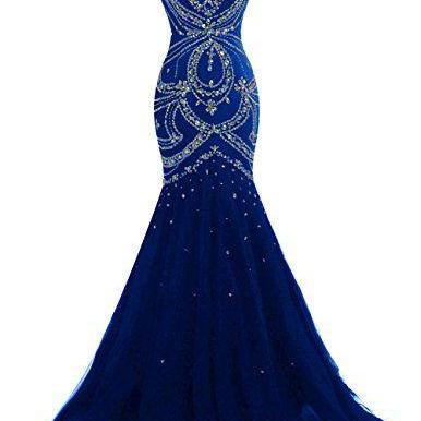  Beaded Embellished Floor Length Tulle Mermaid Prom Dress Featuring Sweetheart Bodice 