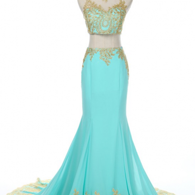 Lace Appliquéd Floor Length Two Piece Mermaid Prom Dress Featuring Halter Illusion Cropped Bodice 