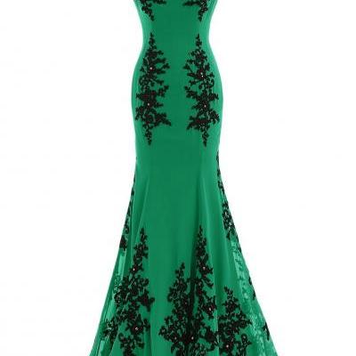Green dress appliques beads back lace zipper open little back prom dress