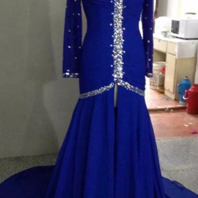 Luxury Original Royal Blue Black Mermaid Evening Dress Long Sleeves Split Front Crystal Pageant Prom Dress