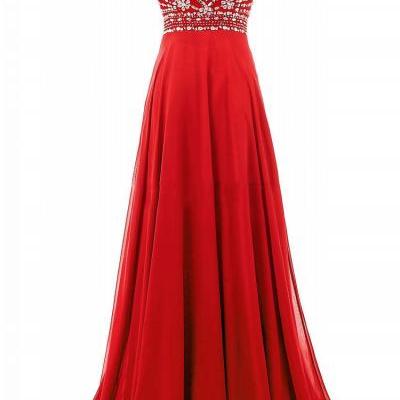 Sleeveless Beading Prom Dresses,A-line Red Prom Dress