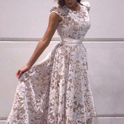 New Elegant Cap Sleeves High low Evening Dresses White Champagne Lining Lace Appliques Formal Party Prom Gowns Custom Real Images 