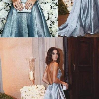 Luxurious A-line Straps Blue Long Prom Dress Formal Evening Dress