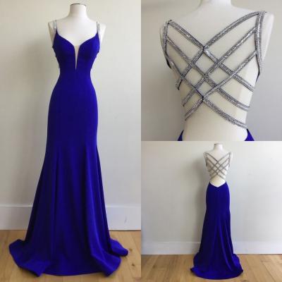 Sexy Mermaid Spaghetti Straps Royal Blue Long Prom Dress with Beading
