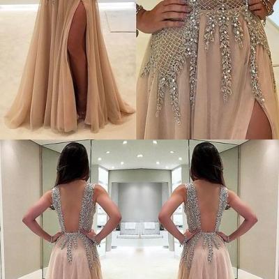 A-Line Deep V-Neck Sweep Train Sleeveless Champagne Tulle Prom Dress with Beading