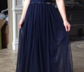 Navy Blue Evening Dresses Long Spaghetti Straps Lace Prom Dress Robe De ...