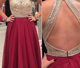 9434 Beaded Halter A-line Dress