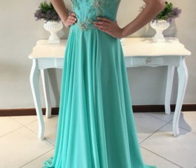 Bright Green Chiffon Long Prom Dress Formal Party Gown Buttons