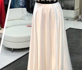A Line Halter Two Piece Tulle Appliques Open Back Prom Dresses LBQ1744 main image 1