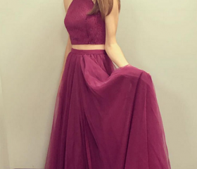 Elegant A Line Halter Tulle Long Prom Dress, Evening Dress C8099
