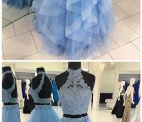 A-Line/Elegant Sleeveless Square Applique Silk like Satin Two Piece Prom Dresses