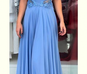 Light Blue Long Sleeves V Neck Chiffon Prom Dress, Elegant Split Long Formal Dresses UQ2604 main image 0