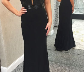 Mermaid Jewel Sleeveless Split Front Black Satin Prom Dress LBQ1588 main image 1