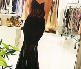 Sexy Black Mermaid See Through Long Train Long Sleeves Ruffles Prom Dresses C178