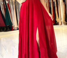 Weitese Dress Simple Red A Line Backless Chiffon Long Prom Dresses with Leg Slit main image 1