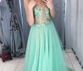 Green V-neckline Tulle with Lace Applique Layers Prom Dress, Green Tulle Long Evening Dress main image 1