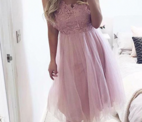 A Line V Neck Pink Tulle Homecoming Dress LBQH0167 main image 1
