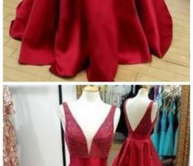 A Line Burgundy Sequins V Neck Pleats Prom Dress LBQ4256