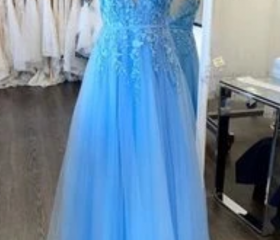 Sky Blue V Neck A Line Sleeveless Prom Dresses, Lace Formal Dresses main image 1