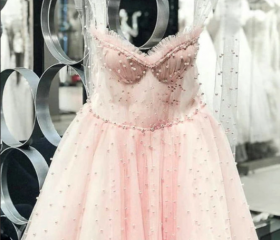 Dusty Pink Embroidered Illusion Bodice Tulle Gown with Triple Rhinestone Waist Detail main image 0