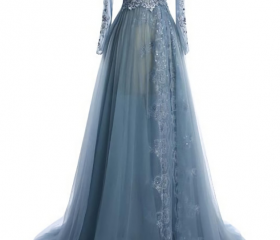 Elegant V Neck Long Sleeves Prom Dress with Tulle Ruffles and Appliques main image 0