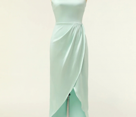 Charming Sheath Hatler Satin Sage Long Bridesmaid Dresses