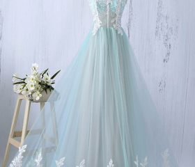 Charming Spaghetti Strap A-line Tulle Lace Long Prom Dresses Evening Dresses.DB10609