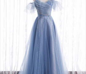 Blue Sequin Tulle Retract Your Waist Long Formal Evening Dresses