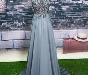 Dark Gray Bead Top Chiffon Halter Neck Prom Dress
