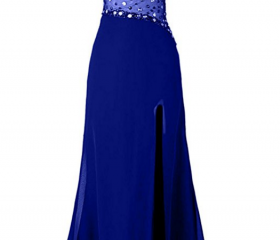 One Shoulder Sequins Appliques Open Back Prom Dress with High Side Slit and Train WU1004 main image 1