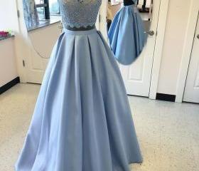 Two Piece Sky Blue Prom Dress, 2017 Two Piece Sky Blue Long Prom Dress ...