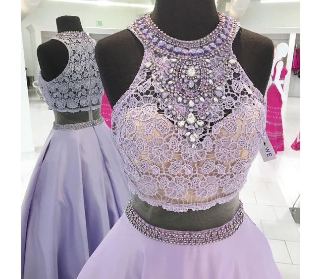 Halter Prom Dresses,lavender Prom Gowns,lace Bodice Evening Gown,two Pieces Prom Dresses,beaded Long Prom Dresses,senior Formal Dresses,2017