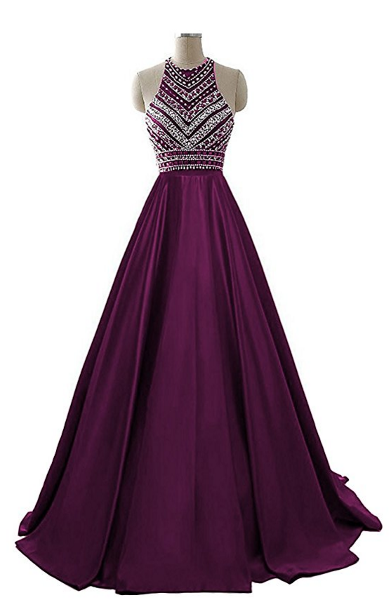 Women's Beaded Evening Gowns Satin Sequined Prom Dresses Long