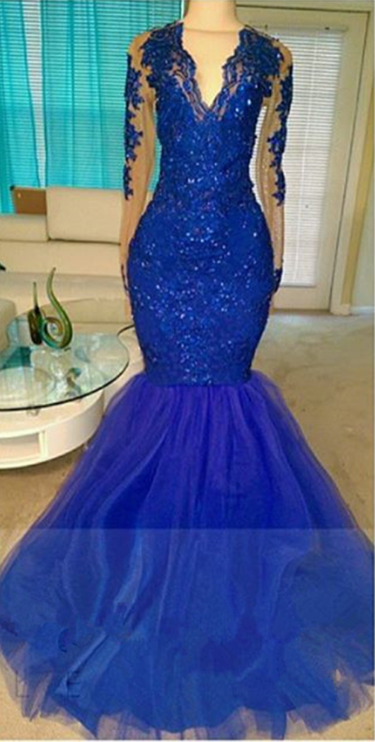 Royal Blue Long Prom Dresses 2017 Mermaid V-neck Long Sleeve Evening Dresses Sheer Back Formal Party Dresses Vestidos