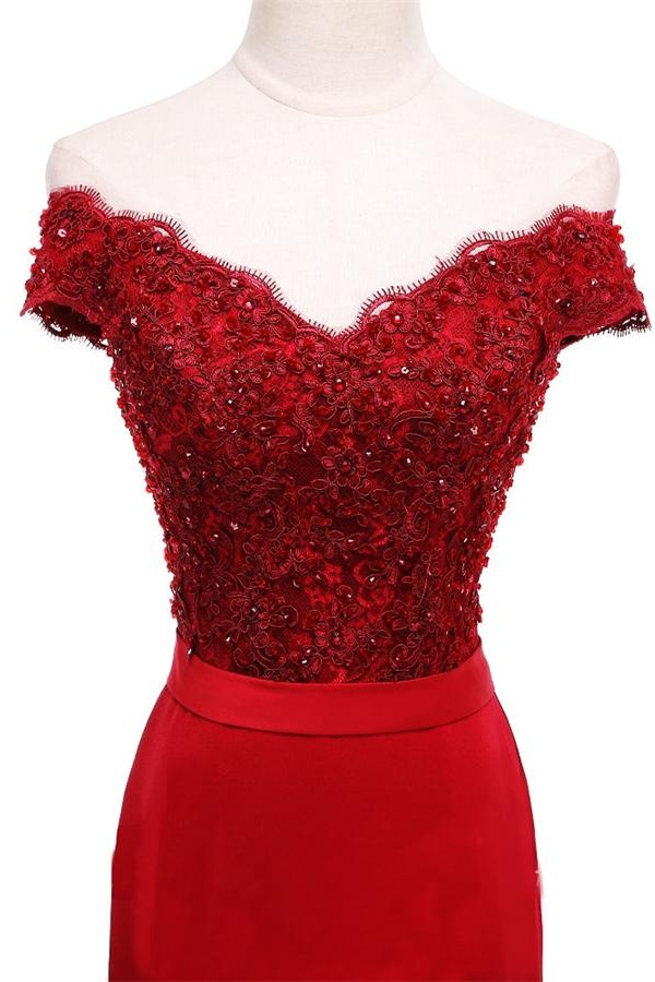 Red Floor Length Mermaid Prom Dress Featuring Lace Appliquéd And Sequinned Off The Shoulder 