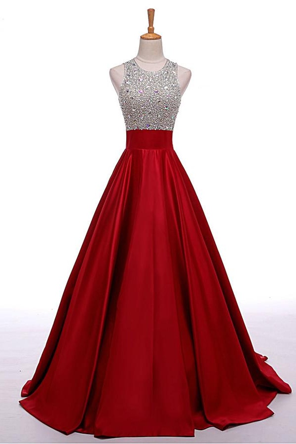 Beaded Red Beading A-line Prom Dresses, Prom Dress,prom Dresses For Teens,satin Evening Dresses