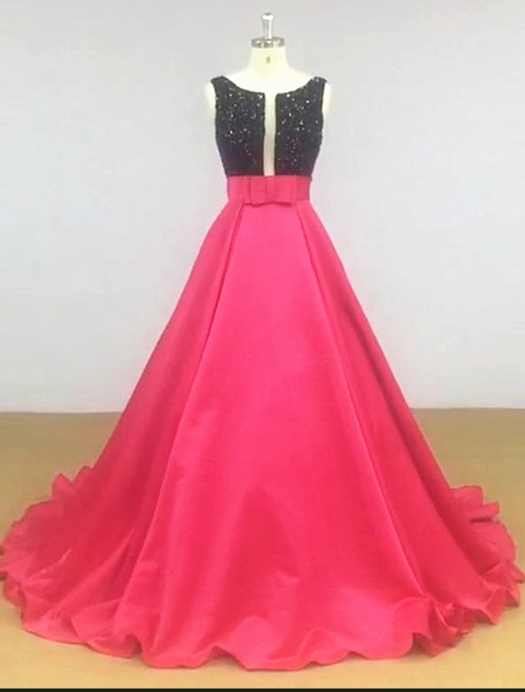 Real Photo Two Tone Ballgown Formal Evening Dresses Black Crystal Boat Neck Deep V Open Back With Sash Long Pageant Prom Gowns