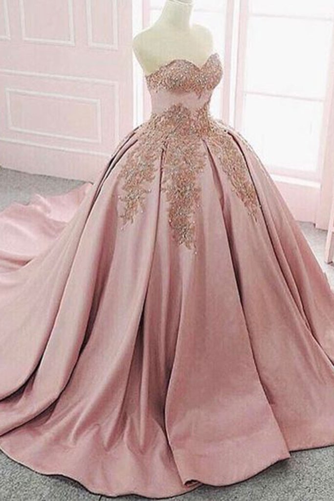 Pink Sweetheart Neck Satin Long Prom Dress, Evening Dress