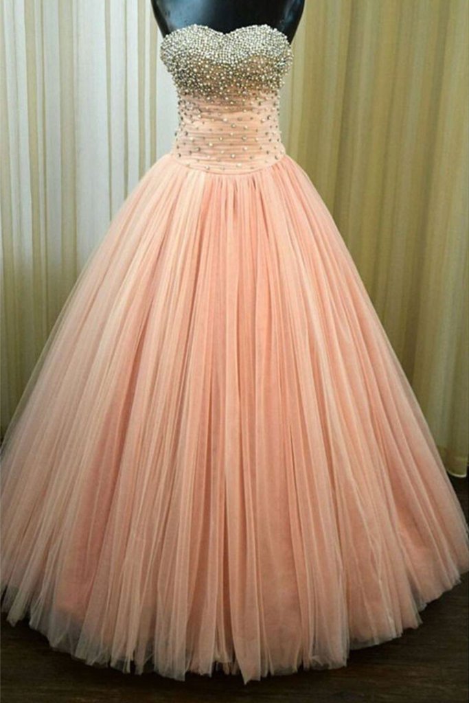 Pink Sweetheart Tulle Long Prom Dress, Pink Evening Dress