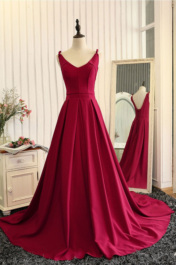 Dark Red V Neck Satin Long Prom Dress, Red Evening Dress on Luulla