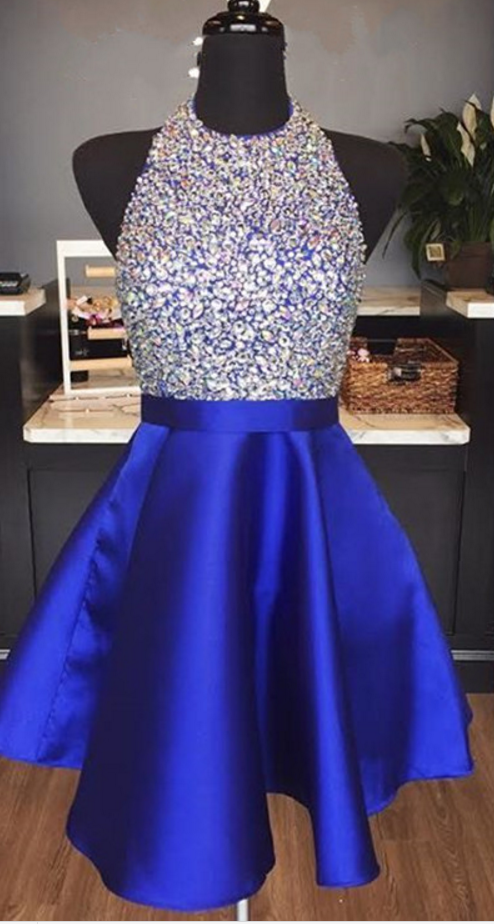 Halter Homecoming Dress,beaded Prom Gowns,short Prom Dress 2018,royal Blue Cocktail Dresses